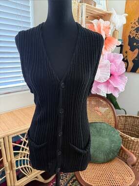 Vintage 90s CK Calvin Klein Carolyn Bessette Black Linen Ribbed Longline Vest